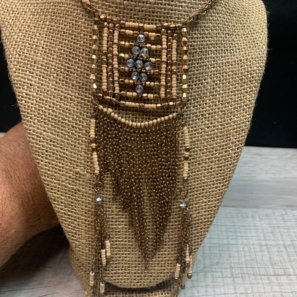 Boho Bronze Beaded Fringe Statement Necklace Rhinestone Geometric Bib 26 Inch